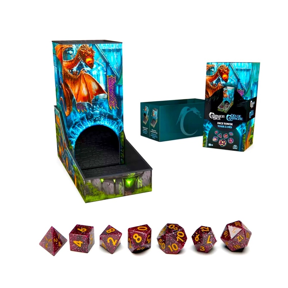 Tabletop D&D RPG Campaign Dice Tower w/ 7 Dice Spin Master Games Accessory - New
